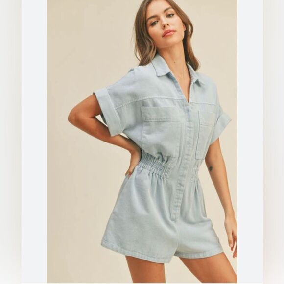Denim Shorts Romper Jumpsuit - Picture 1 of 6